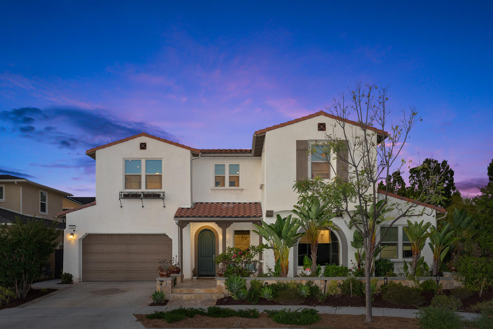 Front elevation at twilight
