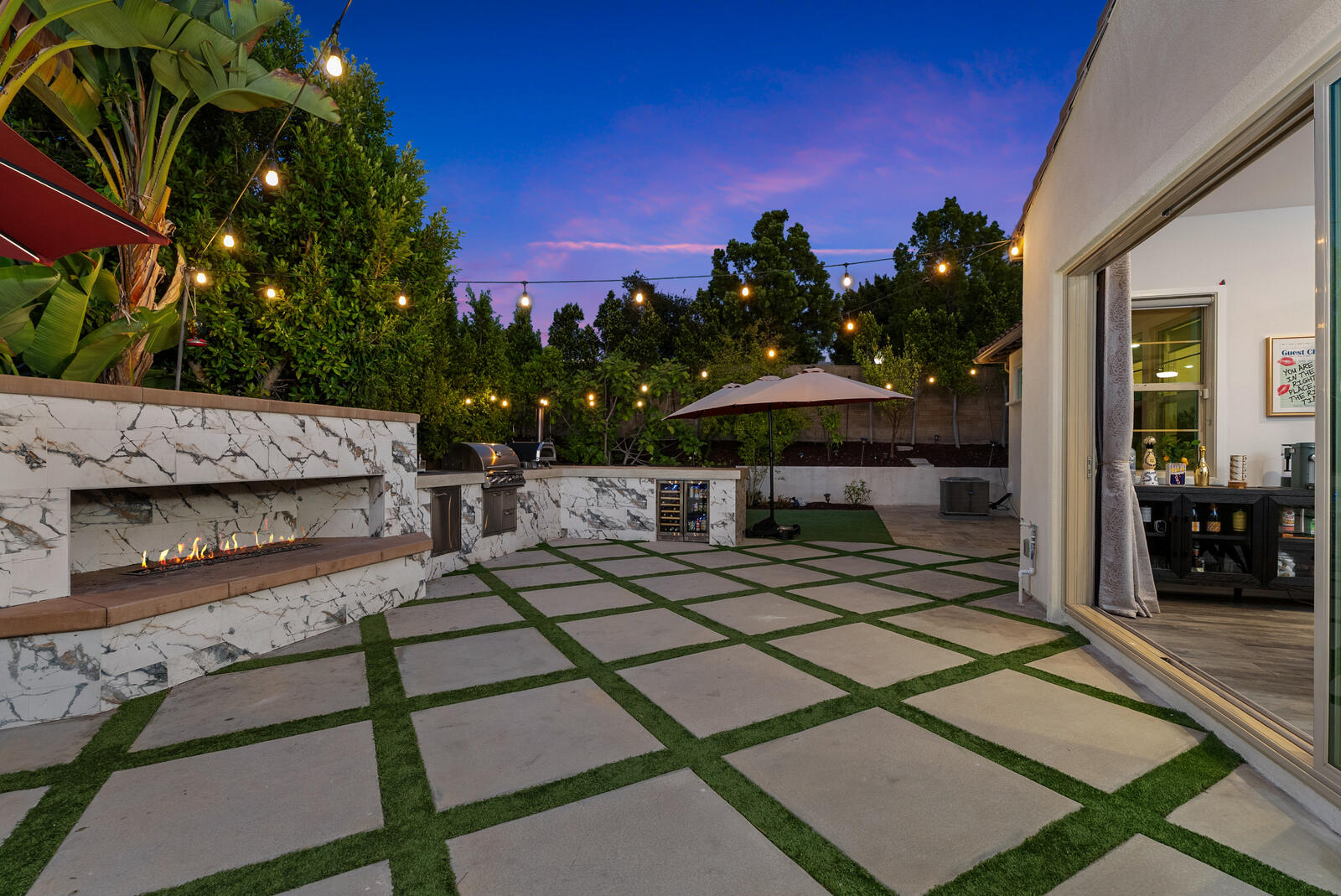 Marble outdoor kitchen and fire feature